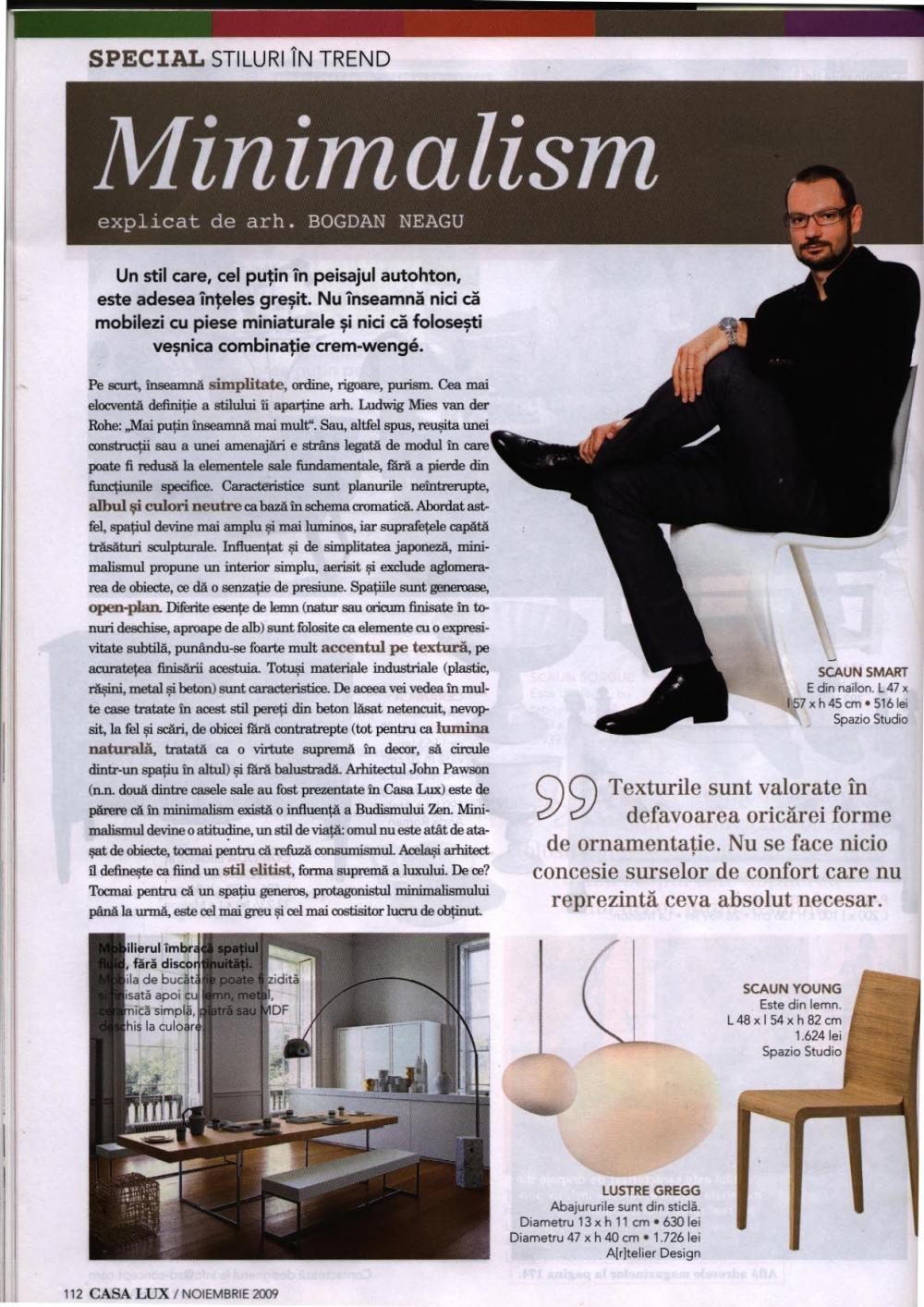 NBC/ARHITECT – Casa Lux, noiembrie 2009 – Minimalism și Premiul I pentru lampa Frame